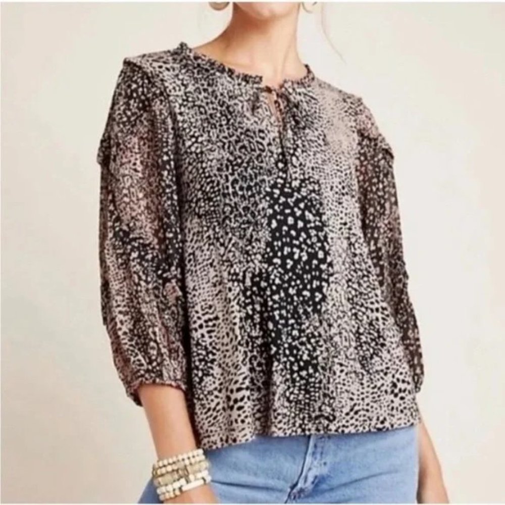 Anthropologie Maeve Brown & Black Animal Print Boho Peasant Blouse - Size Small